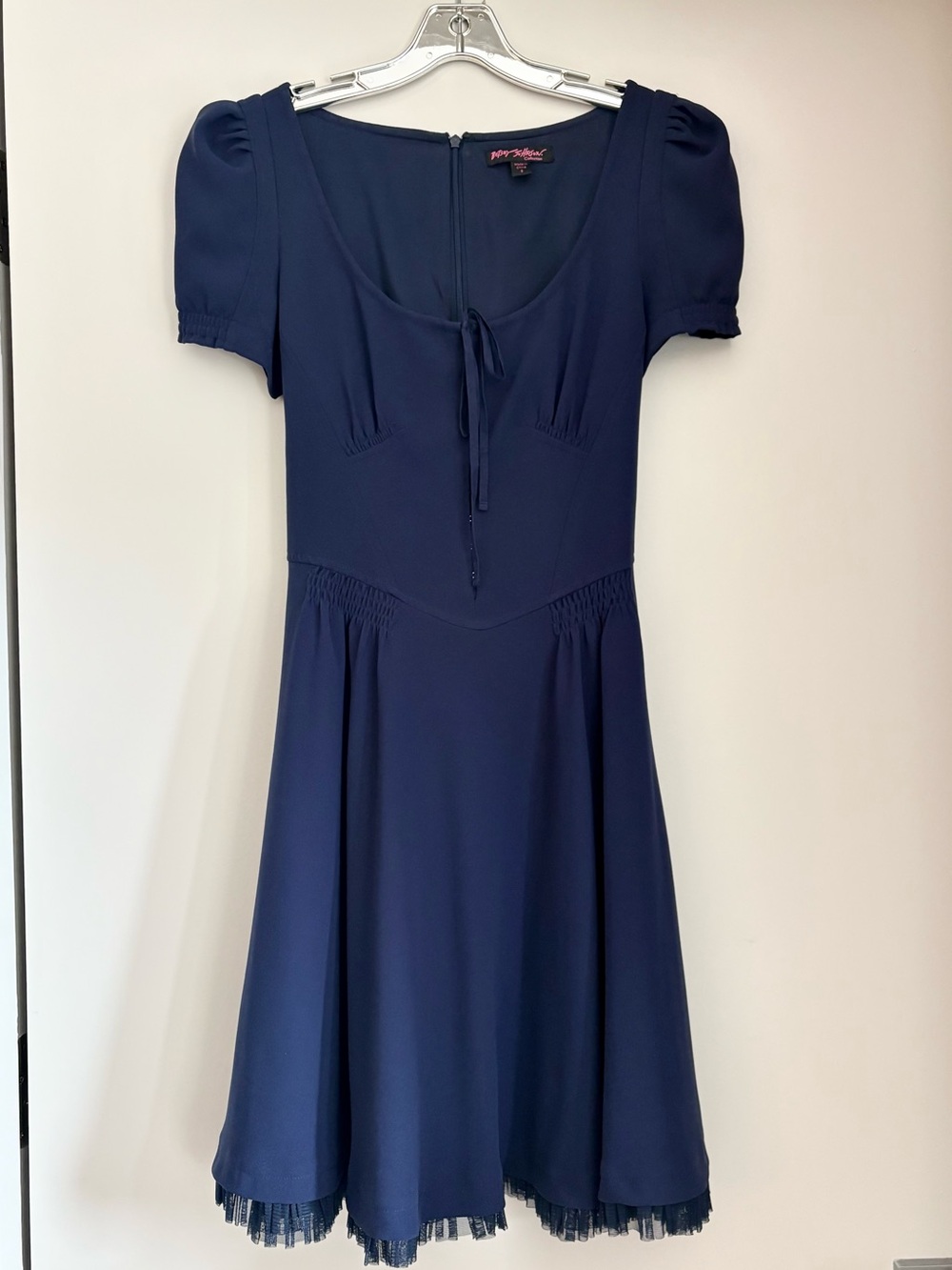 Betsey Johnson Navy Midi Fit-and-Flare Dress with Tie Neck tie waist